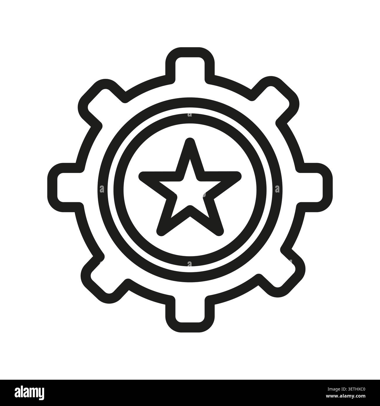 Das schwarze Vektorsymbol des Sternrads zeigt eine erstklassige Mechanik. Die Belohnung „Favorite Achievement“ verbessert die Qualität des Industriesystems. Stock Vektor