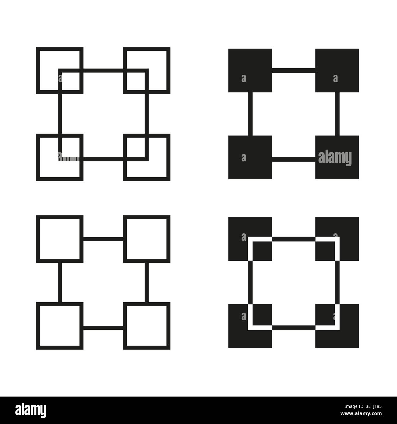 Abstrakte geometrische Symbole des verbundenen Quadrat-Vektors. Perfekt für Technologie-Branding von Geschäftslogos und modernes Corporate Identity Design. EPS 10. Stock Vektor