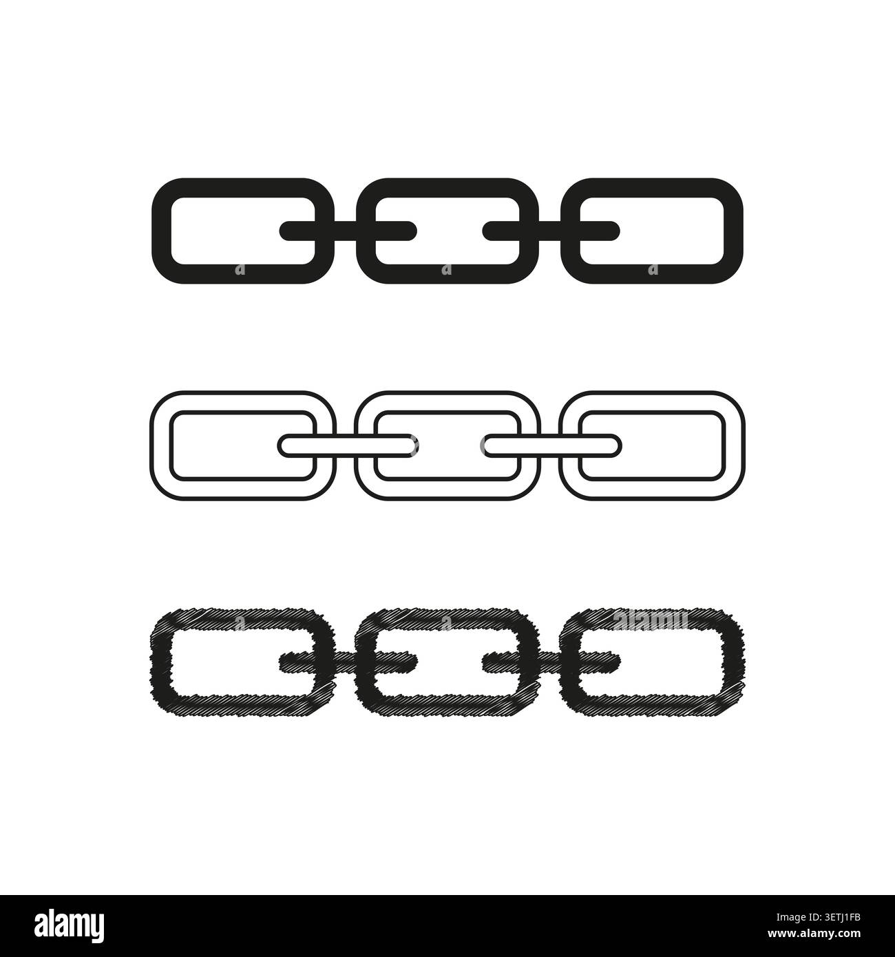 Symbol für Kettenglieder im Vektor für Volumenkörperkonturen und Skizzenstile festgelegt. Perfekt für Web Design-Benutzeroberfläche und Verbindungskonzepte. EPS 10. Stock Vektor