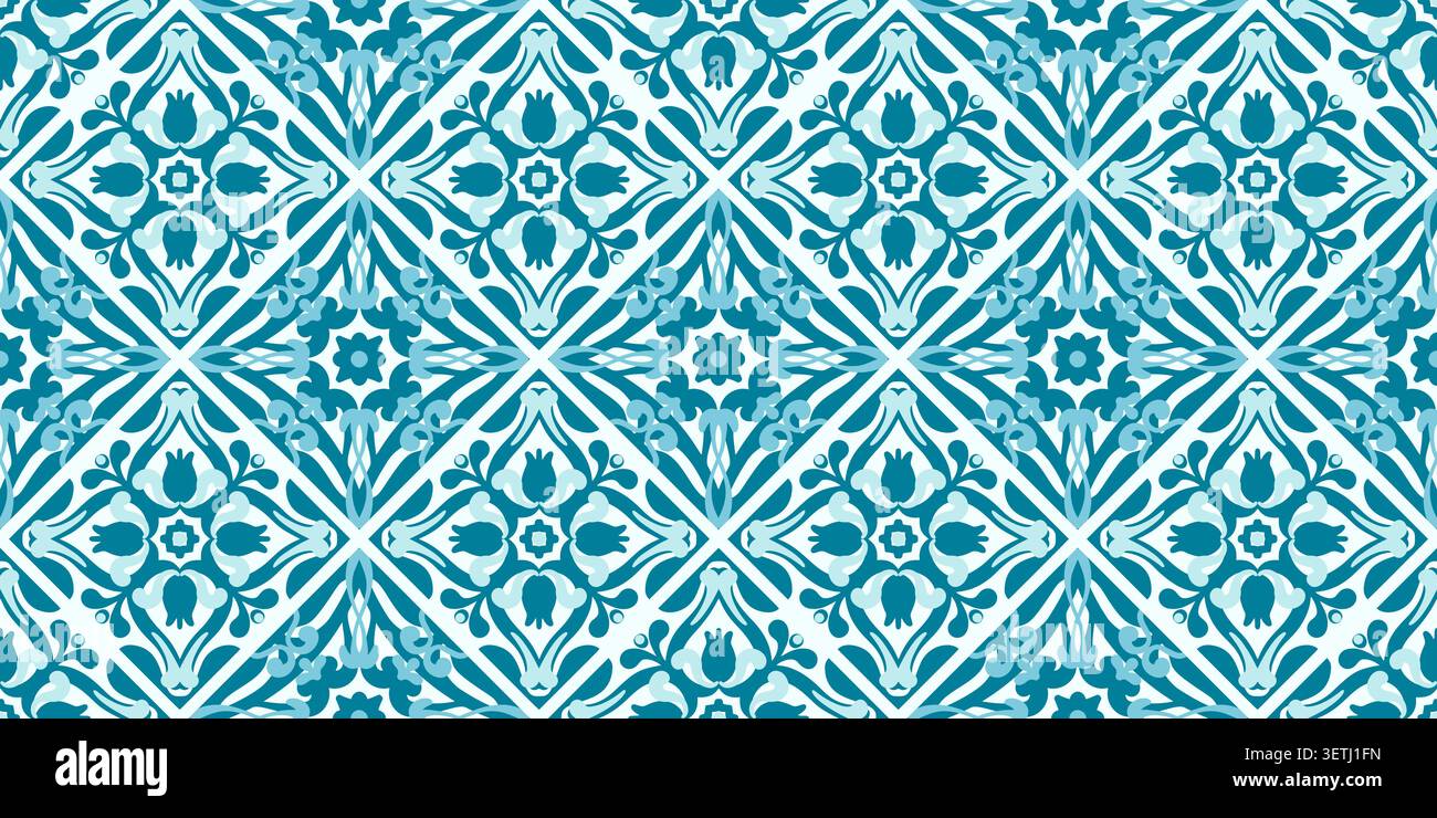 Nahtloses Muster aus mediterranen Fliesen mit blauem Keramikmosaik. Italienisches Zierdesign mit Blumenmotiven und geometrischen portugiesischen Azulejo-Elementen Stock Vektor