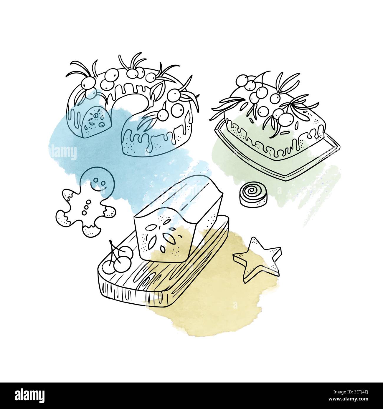 Hand gezeichnete Weihnachtsbacken Vektor-Illustration mit süßen Feiertagskuchen und Lebkuchenmann. Elegante Kontur festliche Desserts, die über weichem Wasser angeordnet sind Stock Vektor