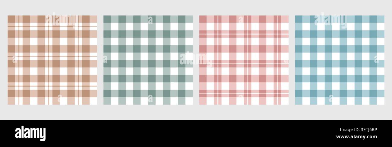 Karierter vichy-Druck, Picknick-Tischdecke kariert, Gingham nahtloses Muster Vektor-Set. Traditionelle quadratische Gingham-Hintergründe. Serviettengewebe, Gitterdecke, Schottenmuster in der Küche in Pastellfarben Stock Vektor