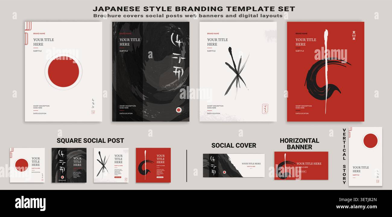 Japanisches Vektor-Branding-Set mit Broschürencovern und Social-Posts Stock Vektor