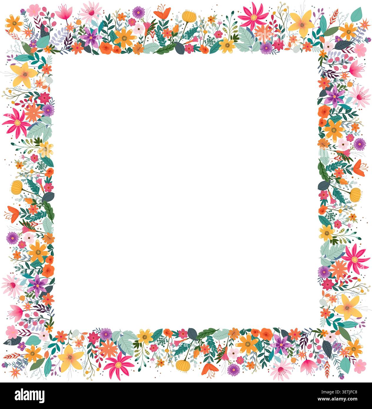 Ein floraler Blumenrahmen aus Wildblumen. Volkskunst im Stil wilder Blumen. Stock Vektor