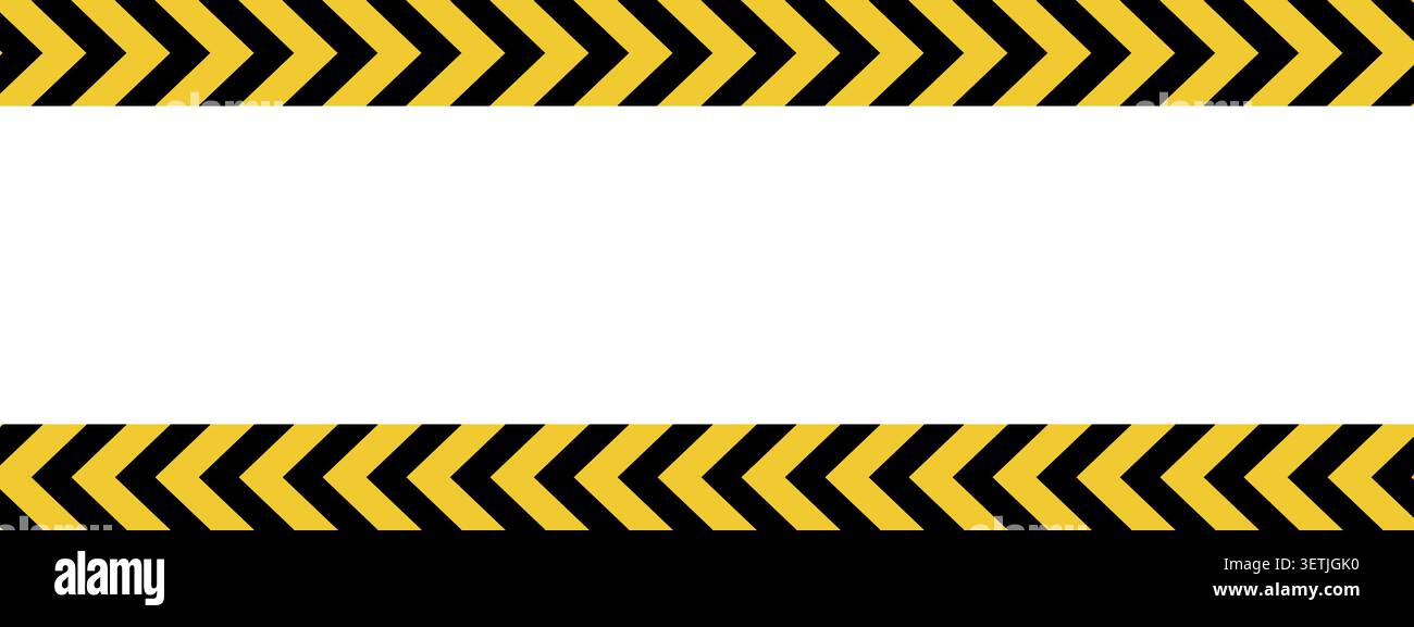 Sicherheitsrahmen oben und unten mit Leerzeichen in der Mitte. Achtung-, Warn- oder Notfalltapete mit schwarzem und gelbem Chevron-Druck. Gefahr, Stopp oder eingeschränktes Banner. Illustration der Vektorabwicklung. Stock Vektor