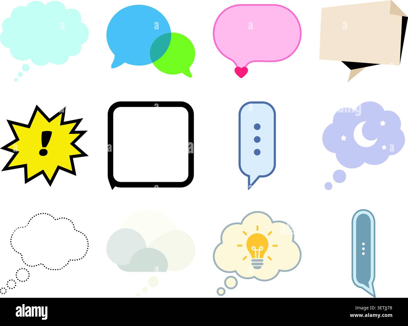 Ein flaches Illustrationsset mit verschiedenen Sprechblasen, Gedankenwolken und Nachrichtensymbolen in verschiedenen Formen und Stilen, einschließlich Chat-Blasen, EM Stock Vektor