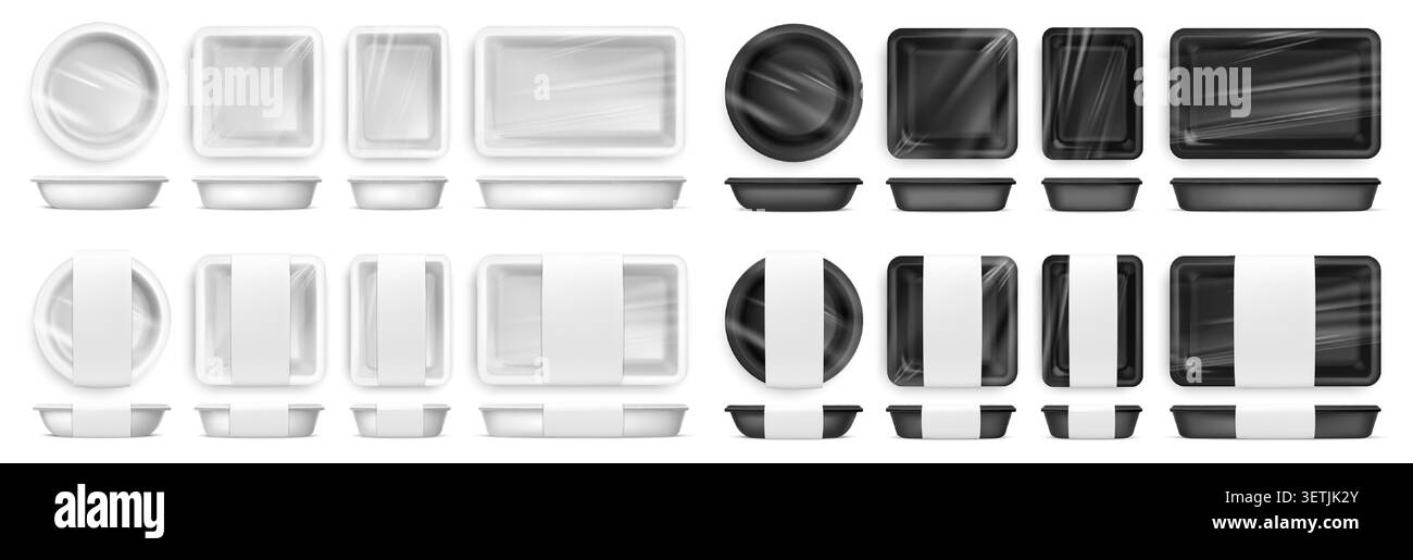 Kunststoffbehälter-Modelle, realistische 3D-Einwegverpackungen in Schwarz und weiß mit durchsichtigen Deckeln und leeren Bändern für Take-away, Sushi, Bäckerei, gr Stock Vektor