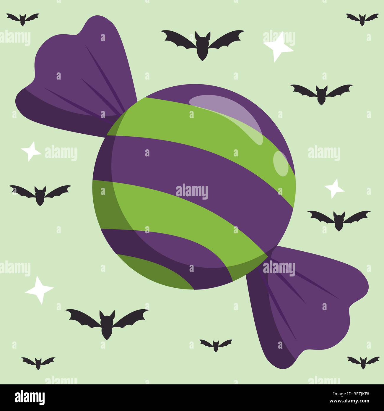 Niedliches Halloween-Bonbon-Vektor-Element. Gruselige süße Leckerei mit Streifen, Fledermäusen und Sternen. Isolierte Grafik für festliche Gestaltung der Feiertage im Oktober, Teil Stock Vektor