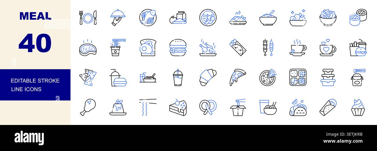 Bearbeitbare Konturlinien-Symbole für Mahlzeiten und Lebensmittel. Burger, Pizza, Kaffee, Taco und Dessert Vektor Illustration Stock Vektor