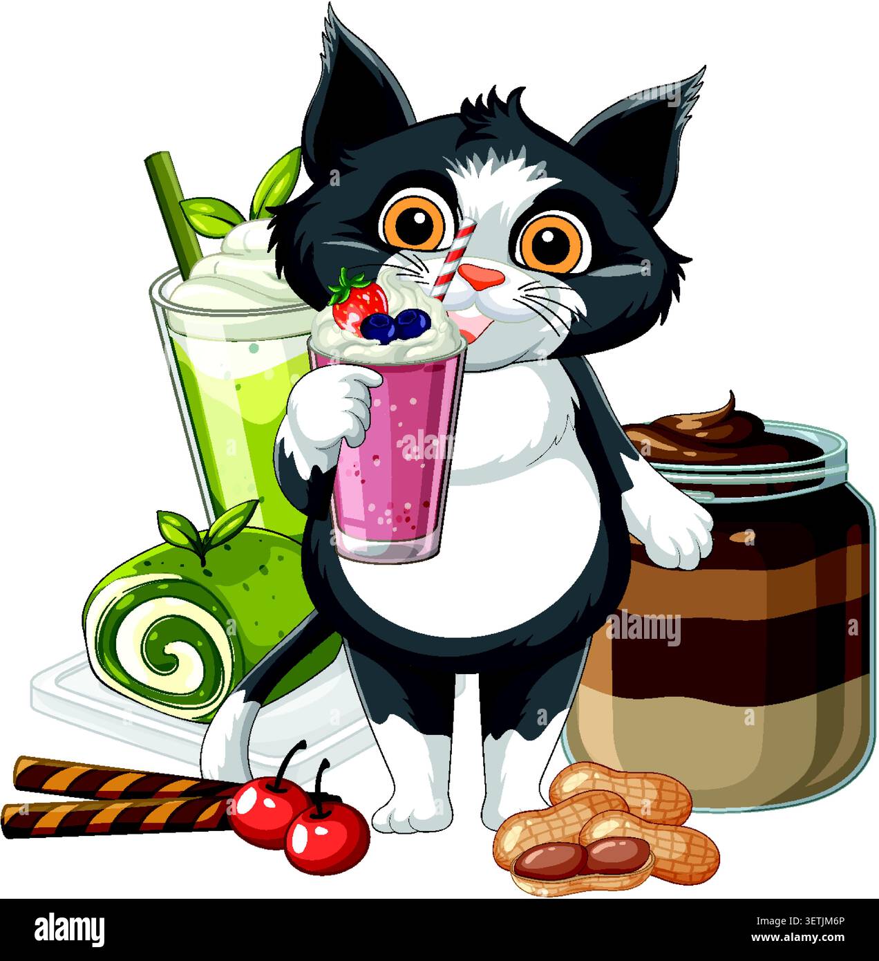 Eine süße Smoking-Katze genießt einen Smoothie zwischen Matcha-Kuchen, Schokoladenaufstrich und Erdnüssen Stock Vektor