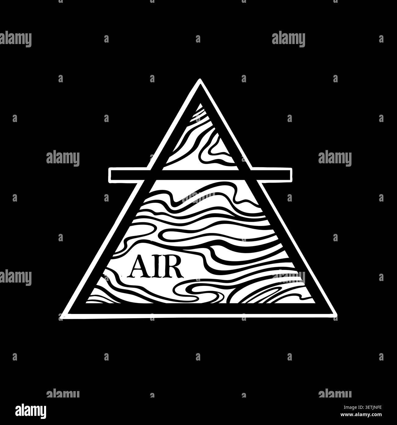 Schwarz-weiße Grafik eines aufrechten Dreiecks mit einer horizontalen Linie, gefüllt mit stilisierten welligen Linien, die Luftströme oder Wind darstellen. Der Text „AI Stock Vektor