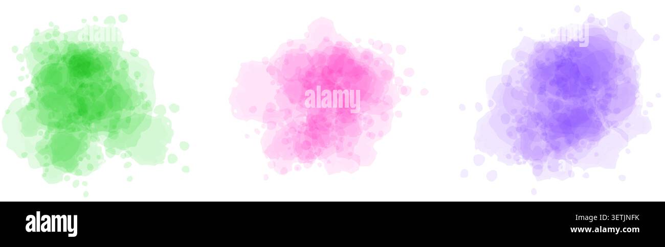 Grün rosa lila Aquarellflecken. Flüssigaquarell-Textur-Spritzer-Effekte. Pastellfarbene runde Tinte oder Pinselstriche. Weiche, feuchte Farbspritzer, Flecken, Tropfen. Vektor Stock Vektor