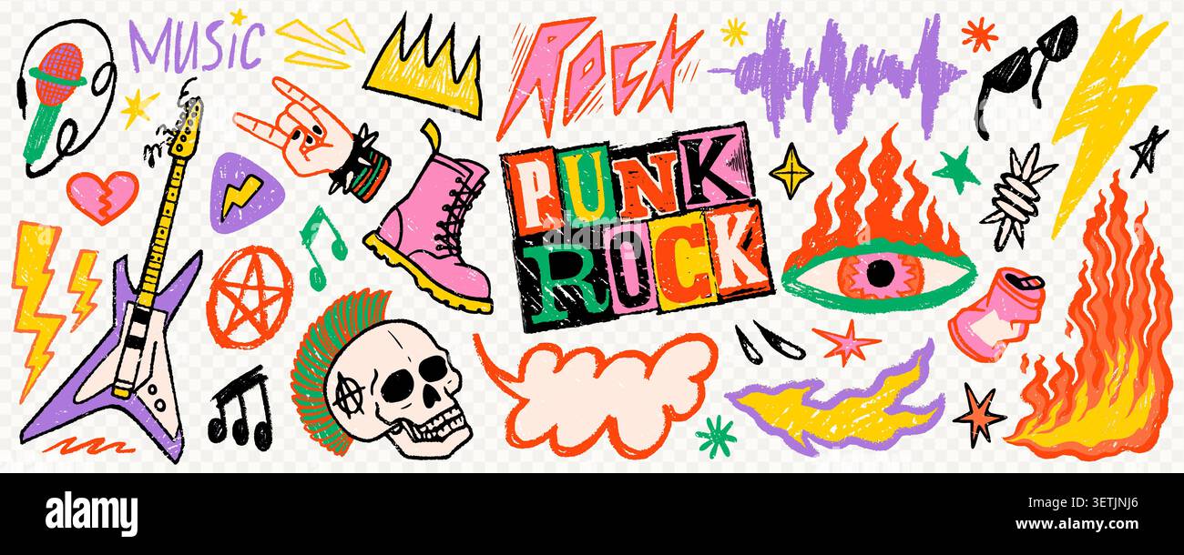 Punk Rock Doodle Sticker Set mit Musikelementen, Gitarre, Schädel und Feuer in bunten handgezeichneten Stil auf transparentem Hintergrund wie PNG Stock Vektor
