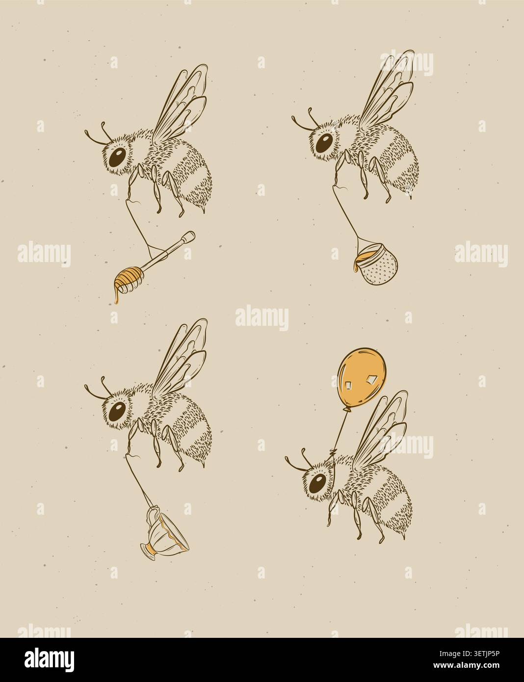 Eine Biene im Flug trägt einen Honiglöffel, einen Topf, eine Teetasse, eine Ballonzeichnung im grafischen Stil auf beigefarbenem Hintergrund Stock Vektor