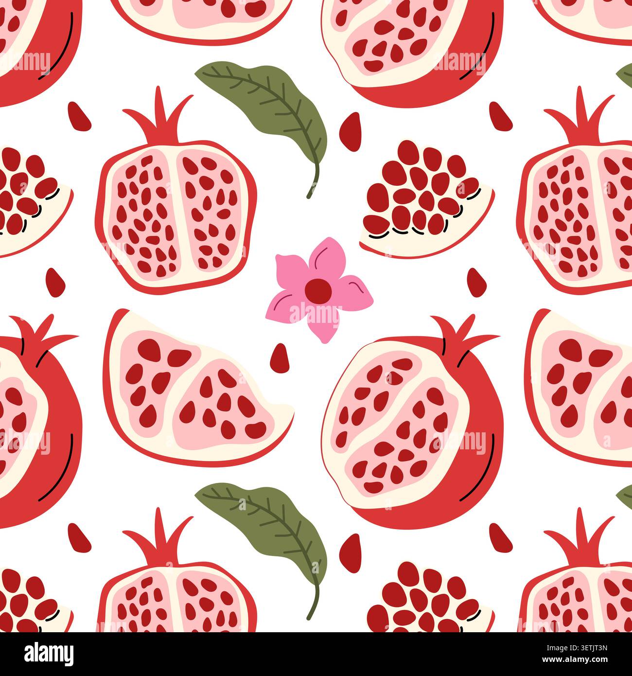 Nahtlose Granatapfelblume Muster mit Blättern und rosa Blumen Vektor-Illustration Stock Vektor