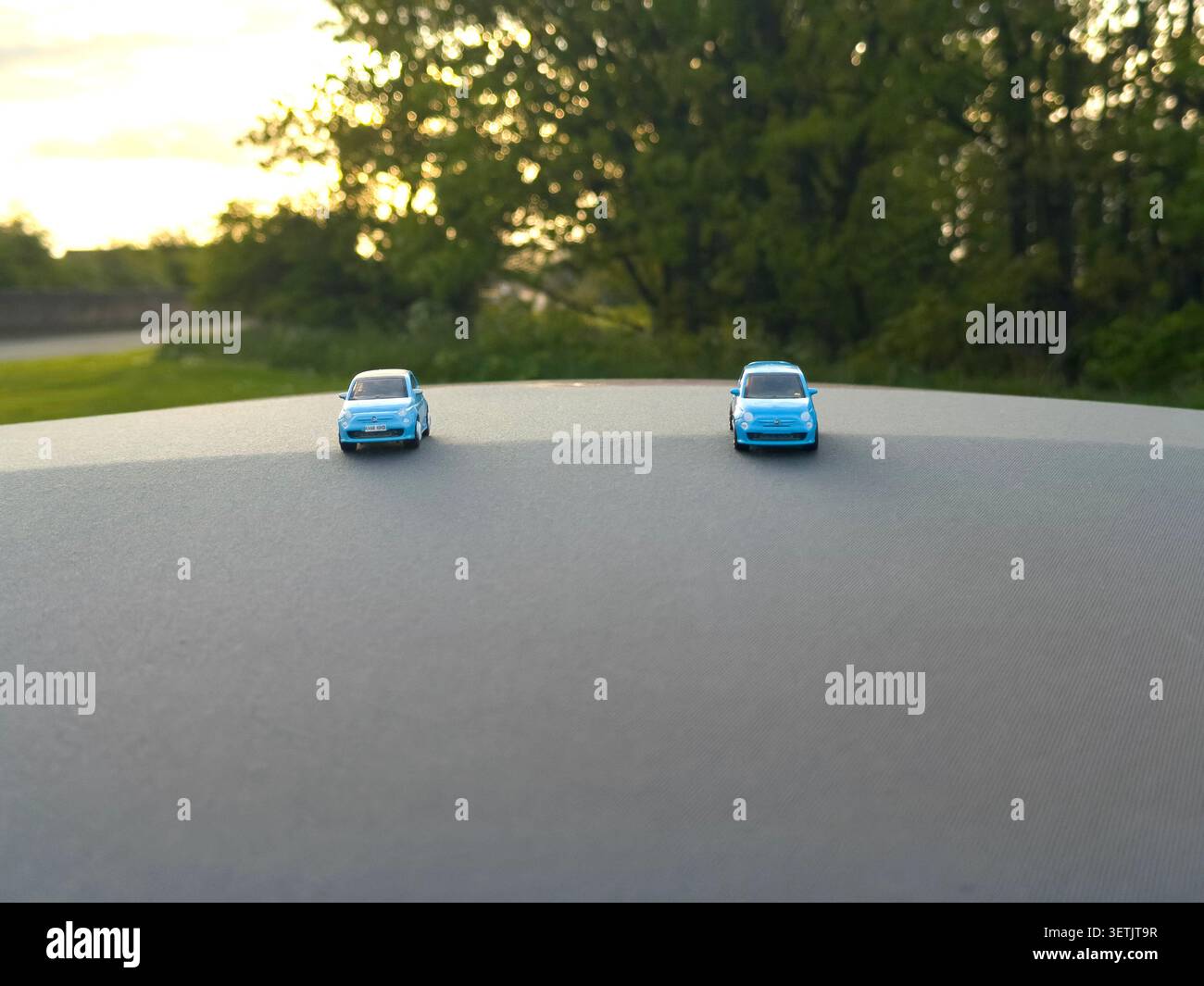 Zwei kleine blaue Fiat 500 Spielzeugautos, die draußen auf einer grauen Oberfläche mit Bäumen und Himmel geparkt sind Stockfoto