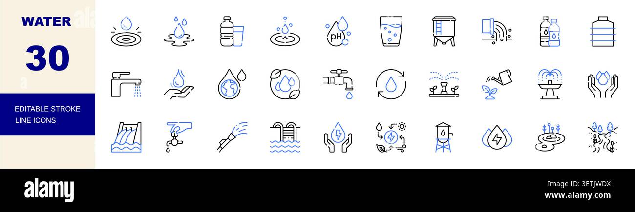 Bearbeitbare Symbole für Wasser und Hydration: Konturlinie. Wassertropfen, Wasserhahn, Trinkwasser, Brunnen und Wasserschutz Vektor-Illustration Stock Vektor