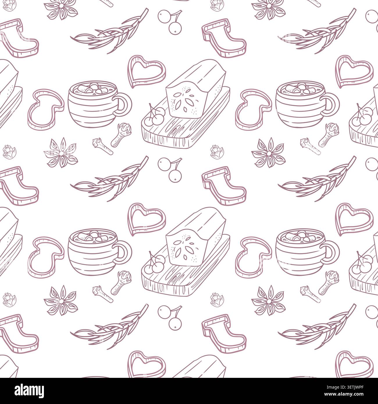 Nahtloses Weihnachtsmuster mit heißer Schokoladentasse und Stollenkuchen auf weißem Hintergrund. Linienkunstvektor-Illustration von Backelementen für Winterferien Stock Vektor