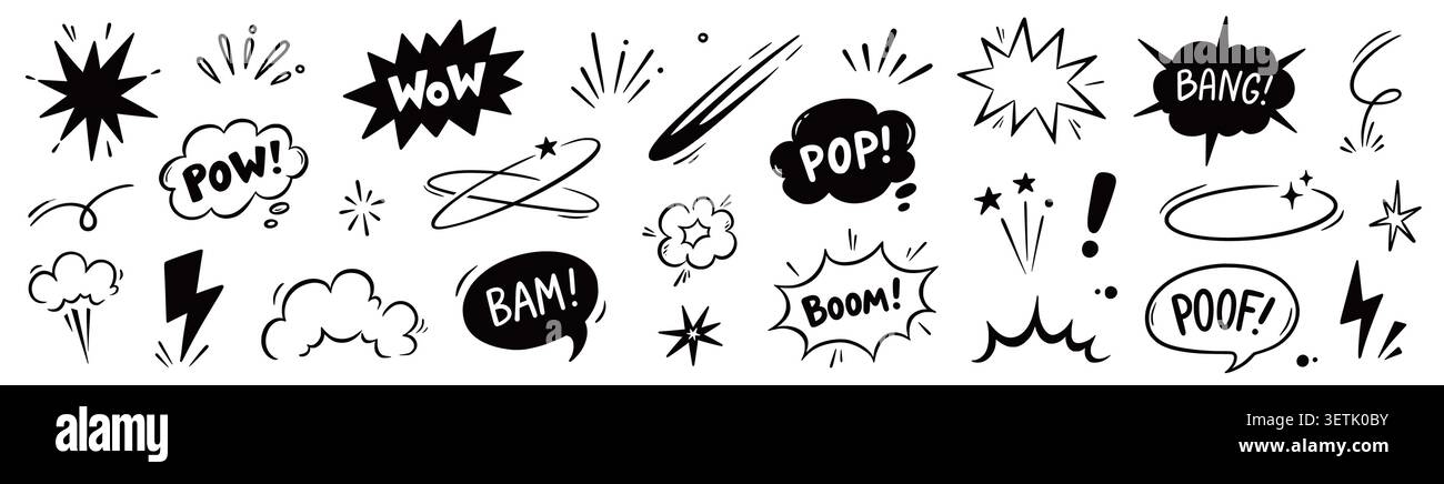 Comic-Boom-Symbol-Zeichentrickset. Handgezeichneter Comic-Boom-Effekt mit Cartoon-Wow-Bomb-Sprach-Splash-Line. Explosiver Bubble Burst Dialog Action Superheld Explosion Sound Betonung. Vektorabbildung Stock Vektor