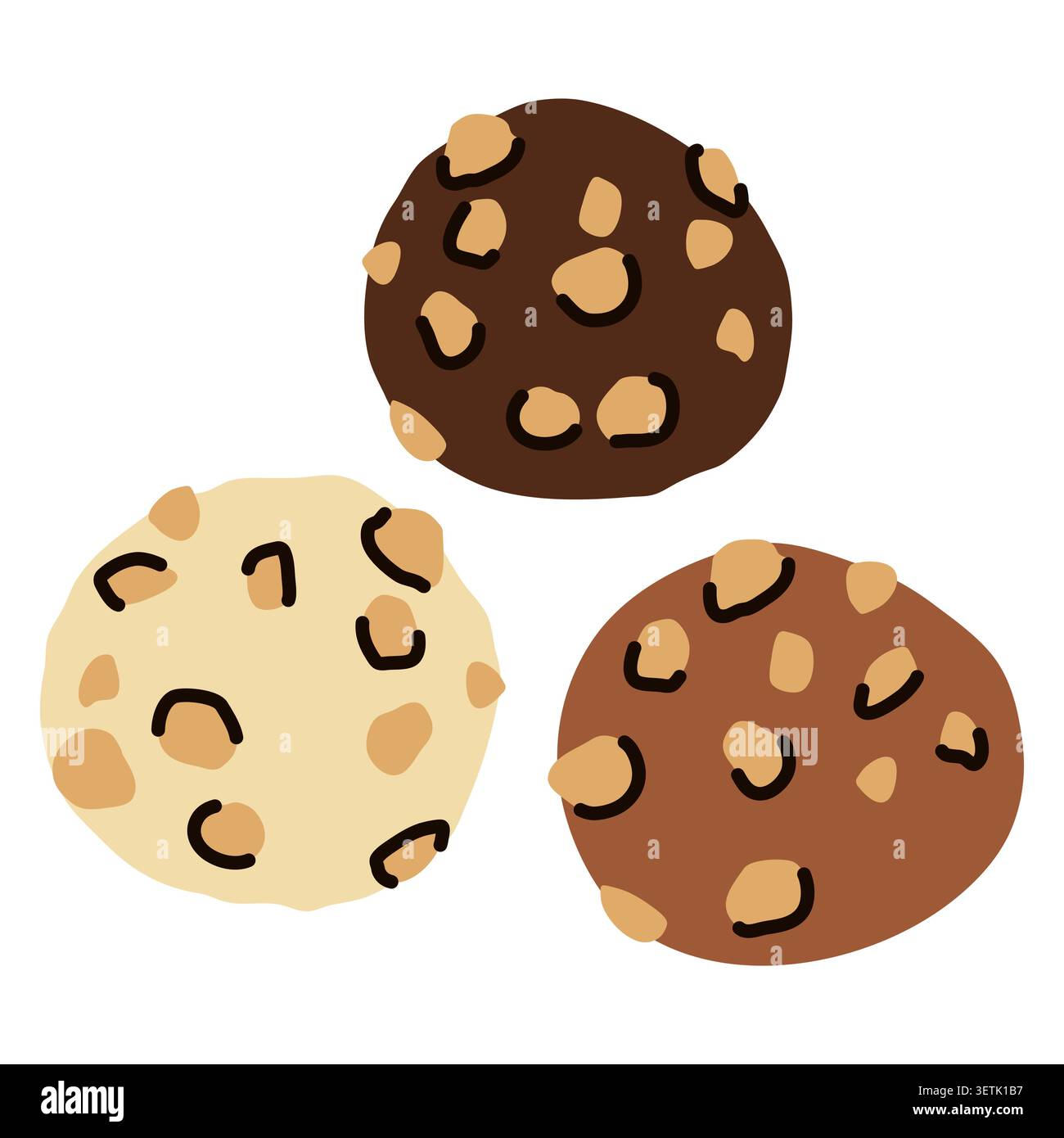 Runde Schokoladennuss-Pralinen. Handgezeichnete Vektor-Illustration von weißen, Milch- und dunklen Schokoladenbonbons mit knusprigen Nüssen, köstlichem Dessert Stock Vektor