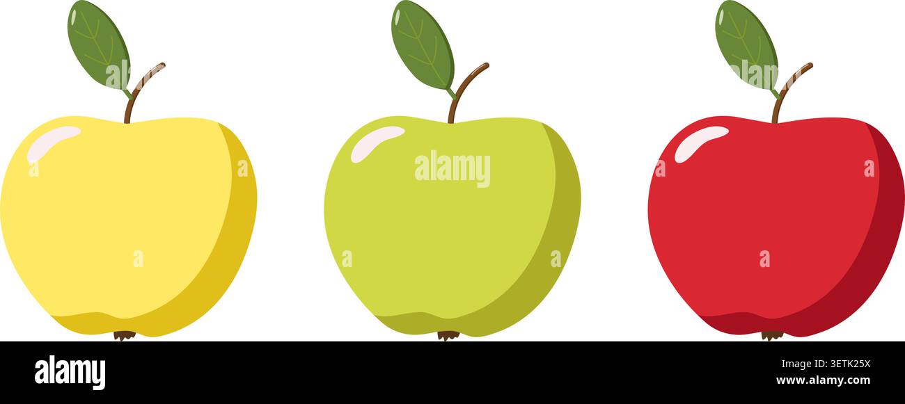 Stilisierte Äpfel Illustration gelbe, grüne und rote Früchte mit Blättern, lebendiges Design perfekt für gesunden Lebensstil, Lebensmittelprojekte Stock Vektor