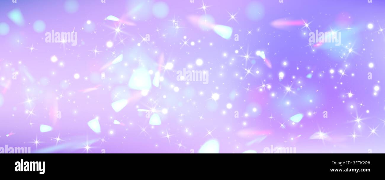 Traumhafter rosa Pastellhintergrund, niedliche Einhornmagie, glitzernde Regenbogenfunkeln, verlaufender Himmel mit Sternen, Fantasie und glitzerndes Licht im Prinzessinnenstil Stock Vektor