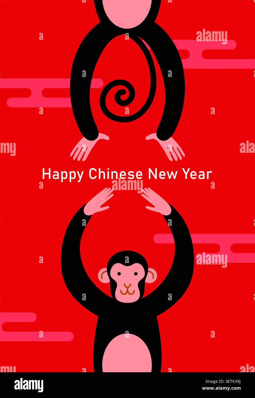 Vektor-Cartoon-Illustration des Jahres des Affen. Vertikale Grußkarte oder Postervorlage für das chinesische Neujahr 2028 mit lustiger, stilisierter Cartoon-Makake. Stock Vektor