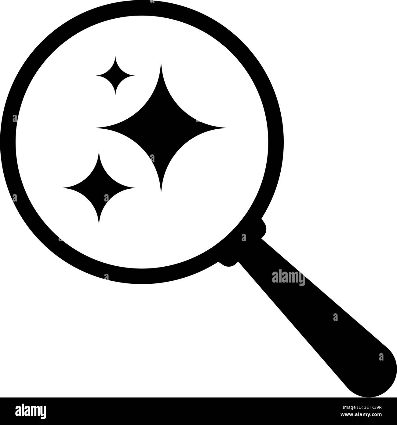 Künstliche Intelligenz Vergrößerungsglas Suche Icon mit funkelnden Sternen, isolierte schwarze Vektor-Illustration Stock Vektor