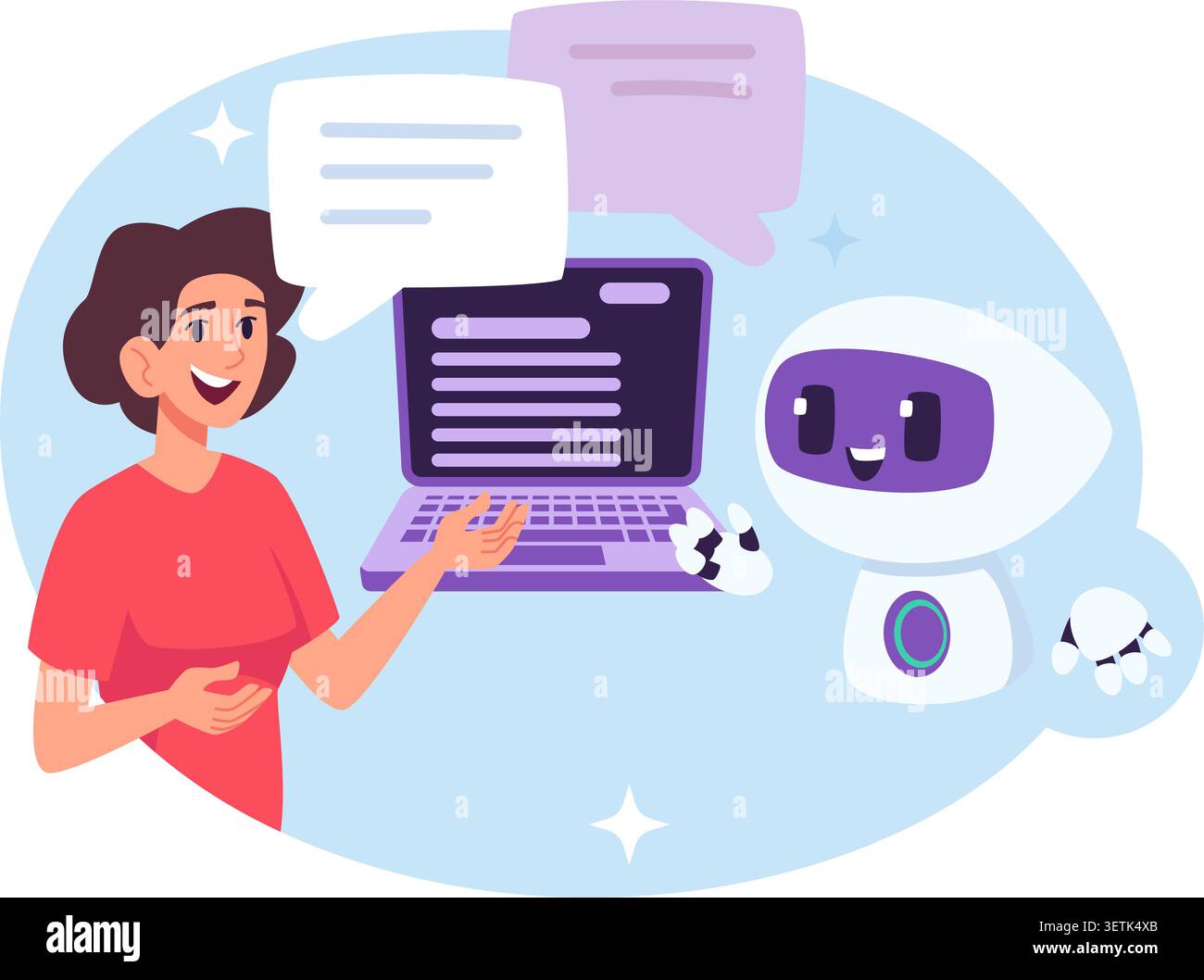Chatbot-Unterstützung. Vektorfrau, die mit KI-Assistenten in der Nähe von Sprechblasen und Online-Hilfe spricht Stock Vektor