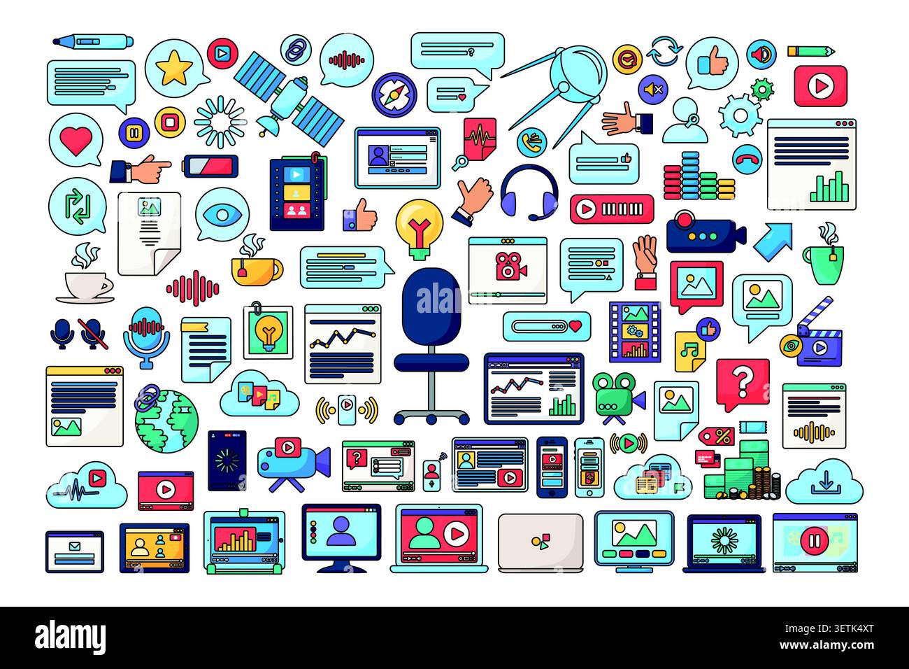 Livestream Content Creation Icon Collection mit Streaming-Medien, Podcast-Symbolen, Video-Interface-Elementen, Grafiken für soziale Kommunikation, Analysen, Stock Vektor