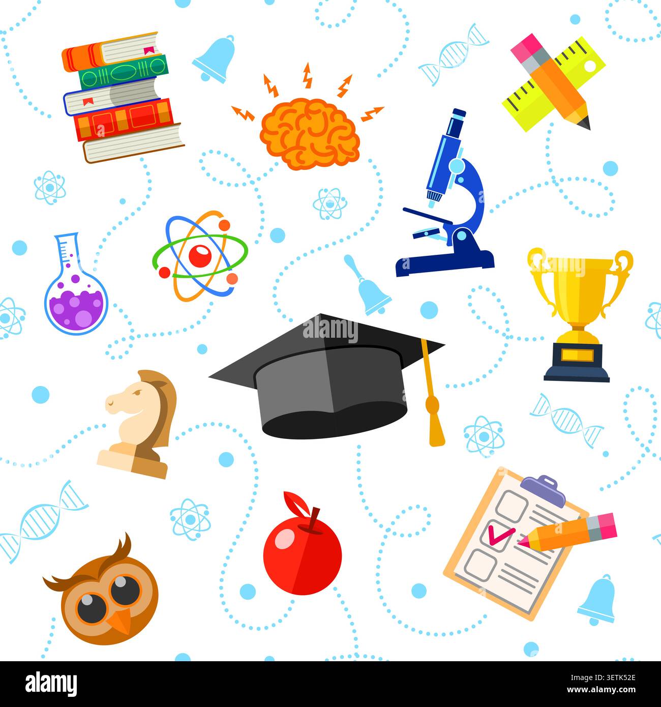 Bildung Seamless Pattern mit flachen Icon Set für Flyer, Poster, Web Site wie Quaste, Bücher, Gehirn und Trophäe Stock Vektor