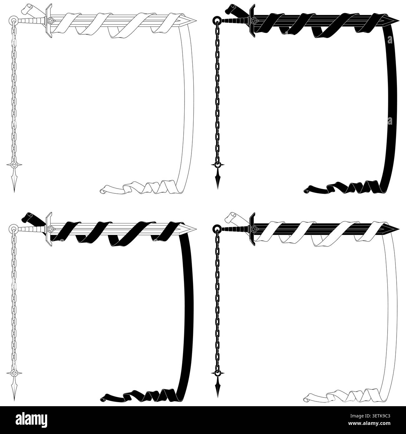 Schwarz-weiße Strichkunst, die die Konturen eines mittelalterlichen Schwertes mit Ketten und Band definiert. Ein minimalistischer Ansatz, der saubere Striche verwendet, um die zu betonen Stock Vektor