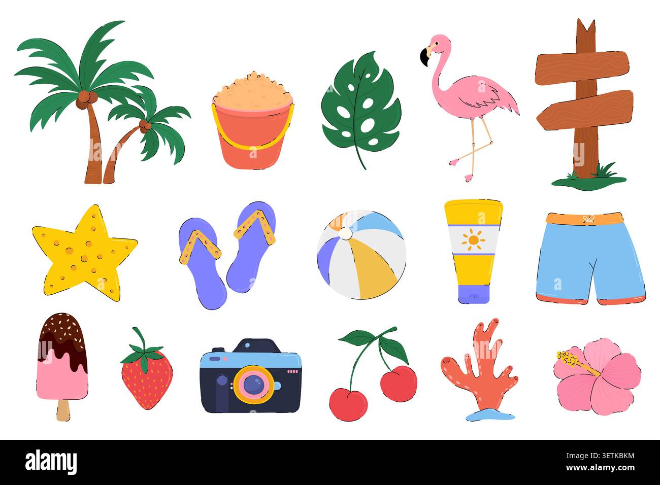 Kollektion „Flat Summer Beach Elements“. Tropische handgezeichnete Symbole mit Flamingo, Palmen, hölzernen Wegweisern, Flipflops, Strandball, Obst, und Stock Vektor