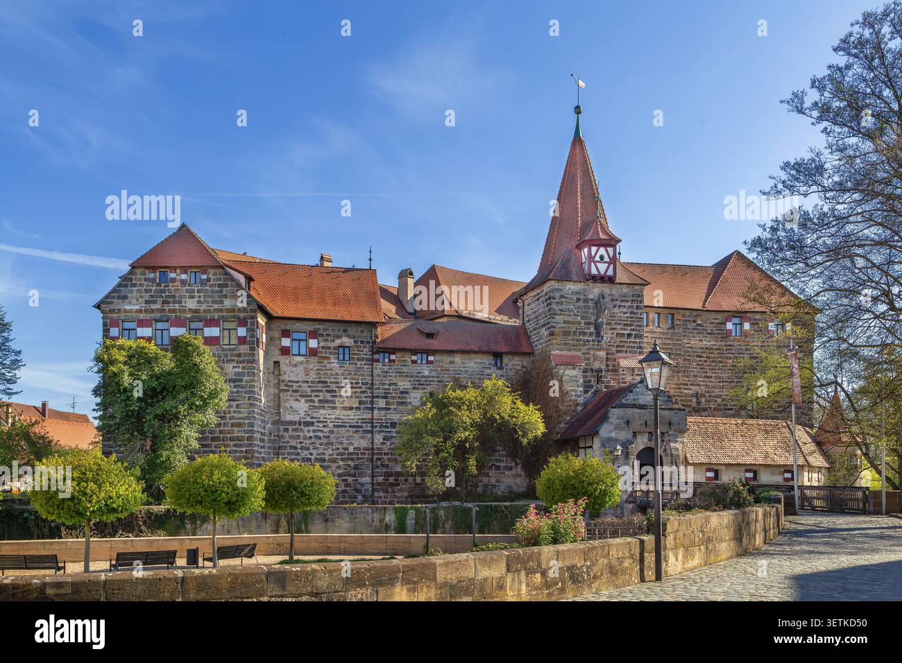 Malerischer Blick auf Schloss Wenzelschloss in Lauf an der Pegnitz, Deutschland. Mittelalterliche Steinfestung Stockfoto