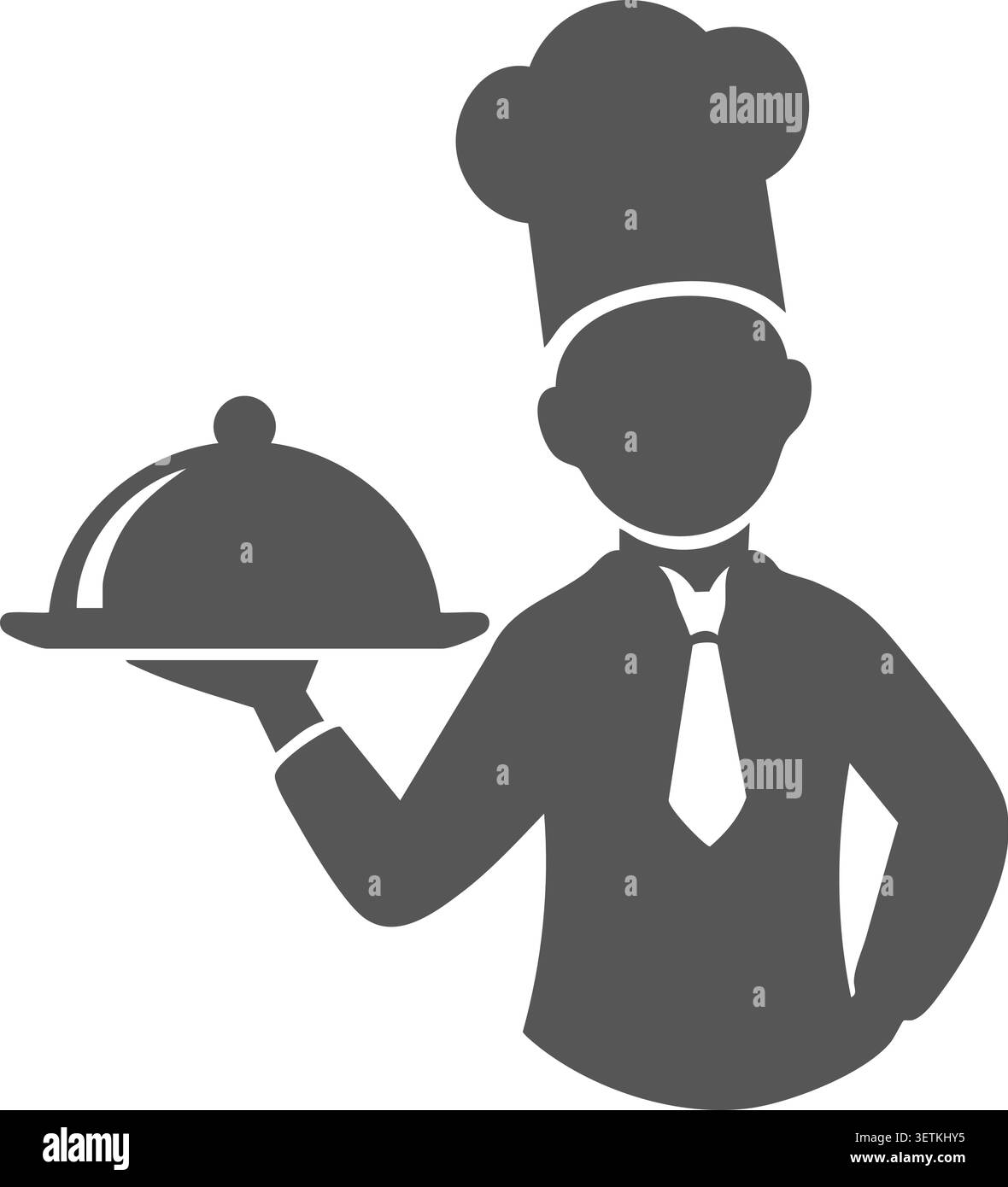 Graue Silhouettendarstellung eines Küchenchefs mit hohem Hut und einem überdachten Serviertablett Stock Vektor