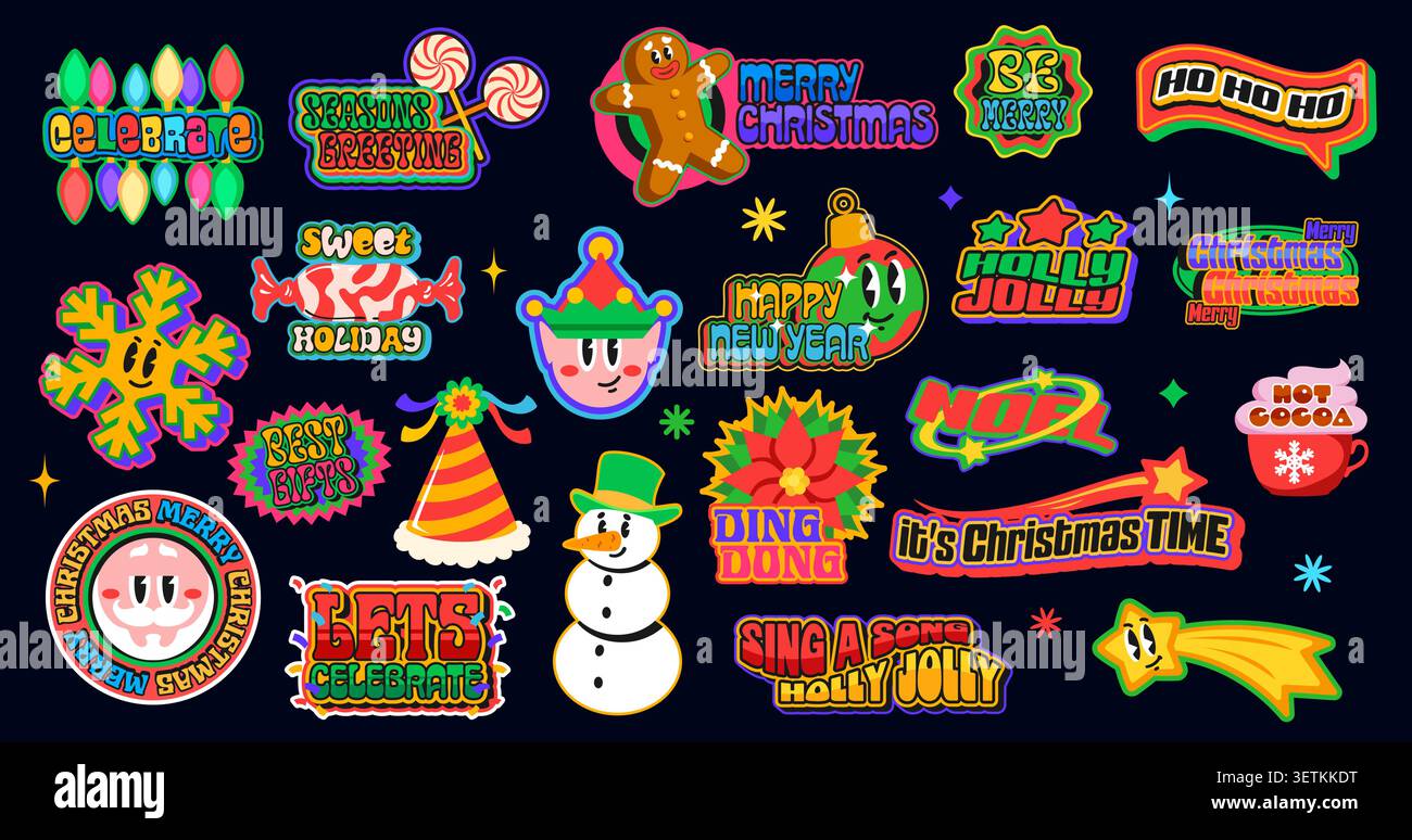 Weihnachten y2k groovige Aufkleber, Silvester Winter flippige Aufkleber mit Zeichentrick Weihnachtsfiguren. Vektor y2k Weihnachtsmann, Schneemann und Weihnachtsbaum Lichter Aufkleber. Weihnachtsstern und Weihnachtsstern Stock Vektor