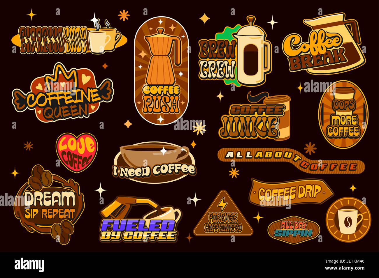 Dampfender Kaffee Vintage Aufkleber, Heißgetränk Tasse Patch Etiketten mit Vektor französisch Presse, Espresso Kanne, Kaffeetasse und süßen Text. Ich brauche Latte, Coffein Queen, Brew Crew und Forever Coffeinated Aufkleber Stock Vektor