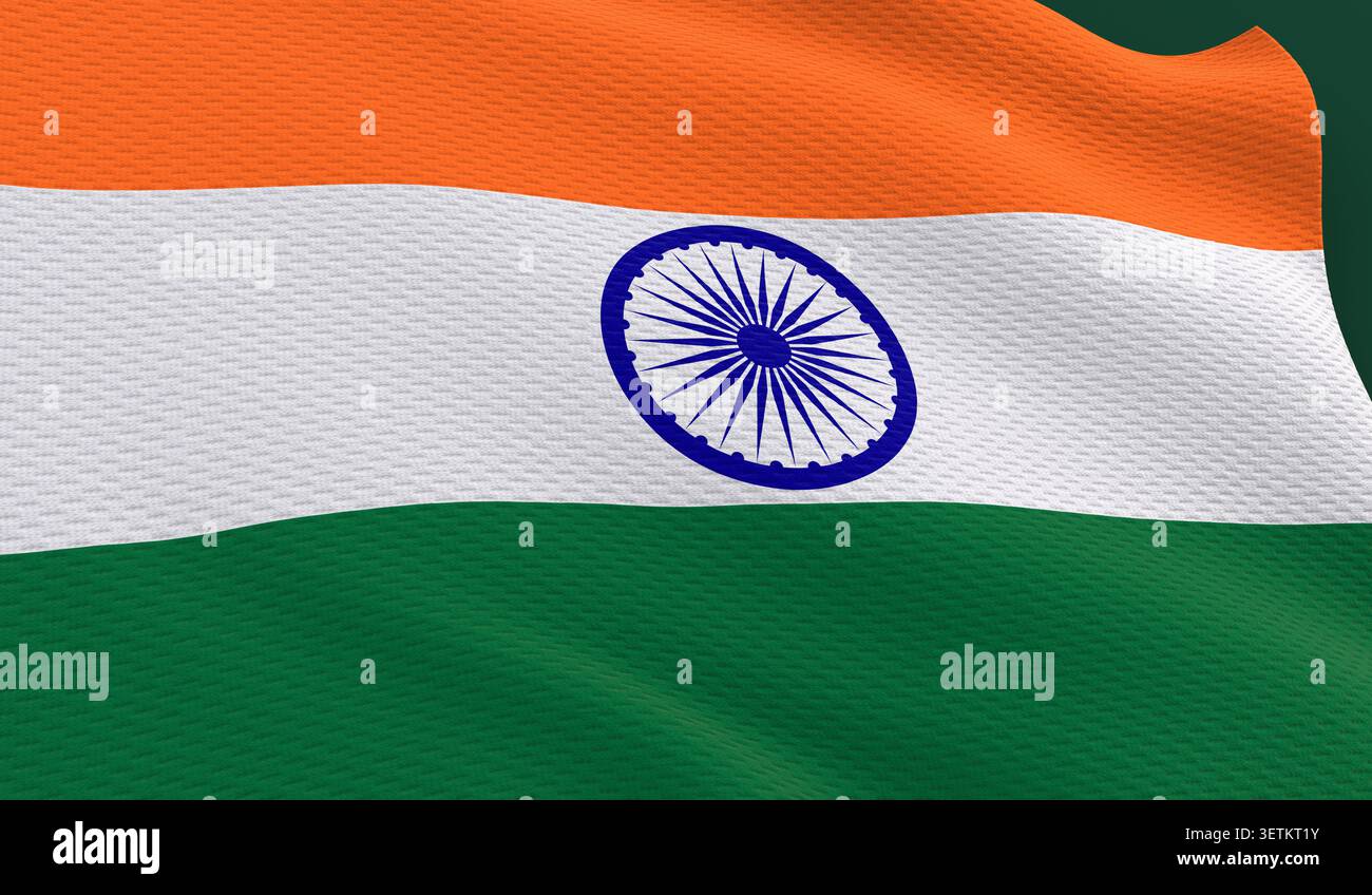 Die indische Nationalflagge winkt sanft und zeigt ihr lebhaftes Trikolore und das ashoka-Chakra, das Nationalstolz und Identität symbolisiert Stockfoto