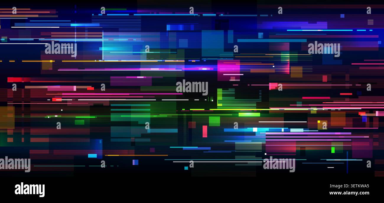 Rainbow Lines Spielbildschirm Hintergrund mit Glitcheffekt. Videospiel digitales Pixelrauschen, analoges TV statisch und kein Signalfehler Textur Hintergrund mit Glitched Neon Farblinien und gebrochenem Pixelmuster Stock Vektor