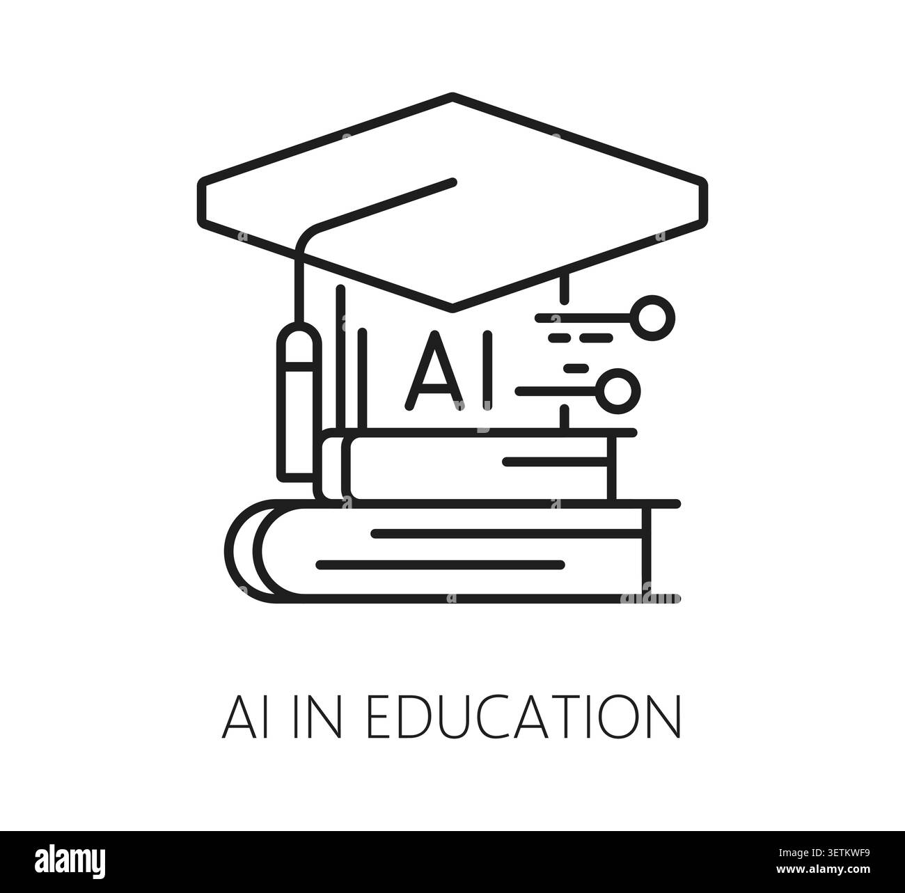 KI im Bildungswesen Symbol mit Abschlusskappe und Bücherstapel. Klare, minimalistische Liniengrafik kombiniert akademische und technologische Symbole. Lineares Symbol für E-Learning-Apps und KI-Programme an Universitäten Stock Vektor