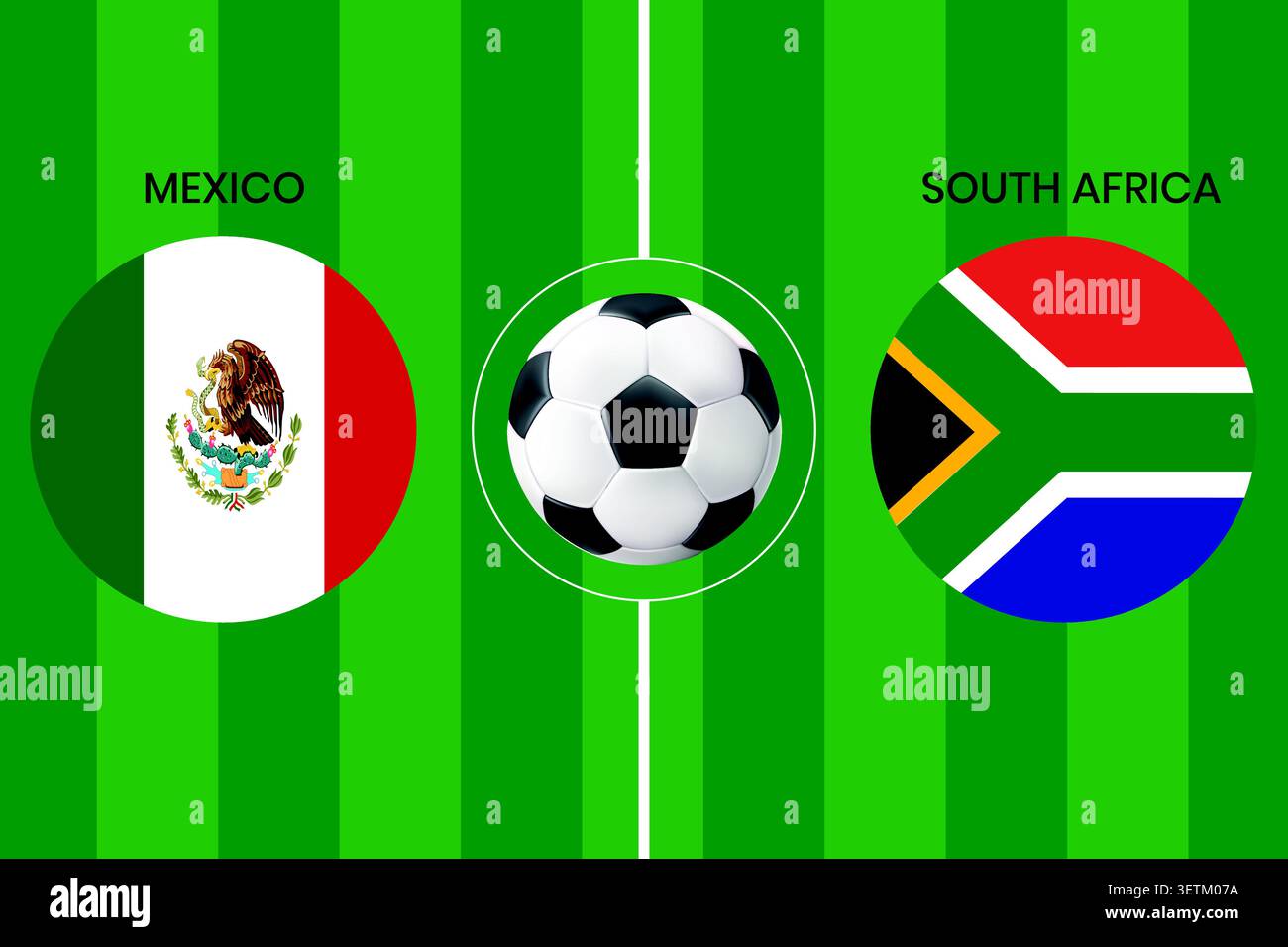 Fußball-Spiel-Konzept Mexiko gegen Südafrika mit Nationalflaggen auf grünem Fußballfeld, perfekt für Sportveranstaltungs-Promotions und Matchday-Banner. Stock Vektor