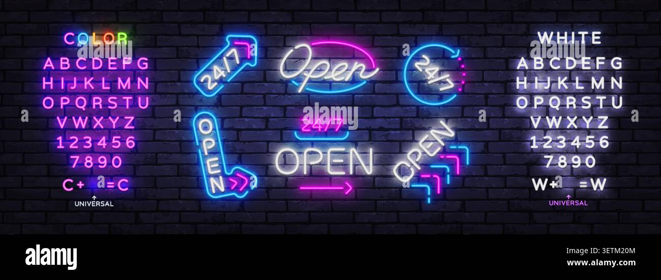 Offene Neon-Schilderkollektion mit bearbeitbarem Alphabet, Zahlen und leuchtender Retro-Typografie. Helles Icon-Set für Cafés, Einzelhandelsgeschäfte, Nachtleben oder Stock Vektor