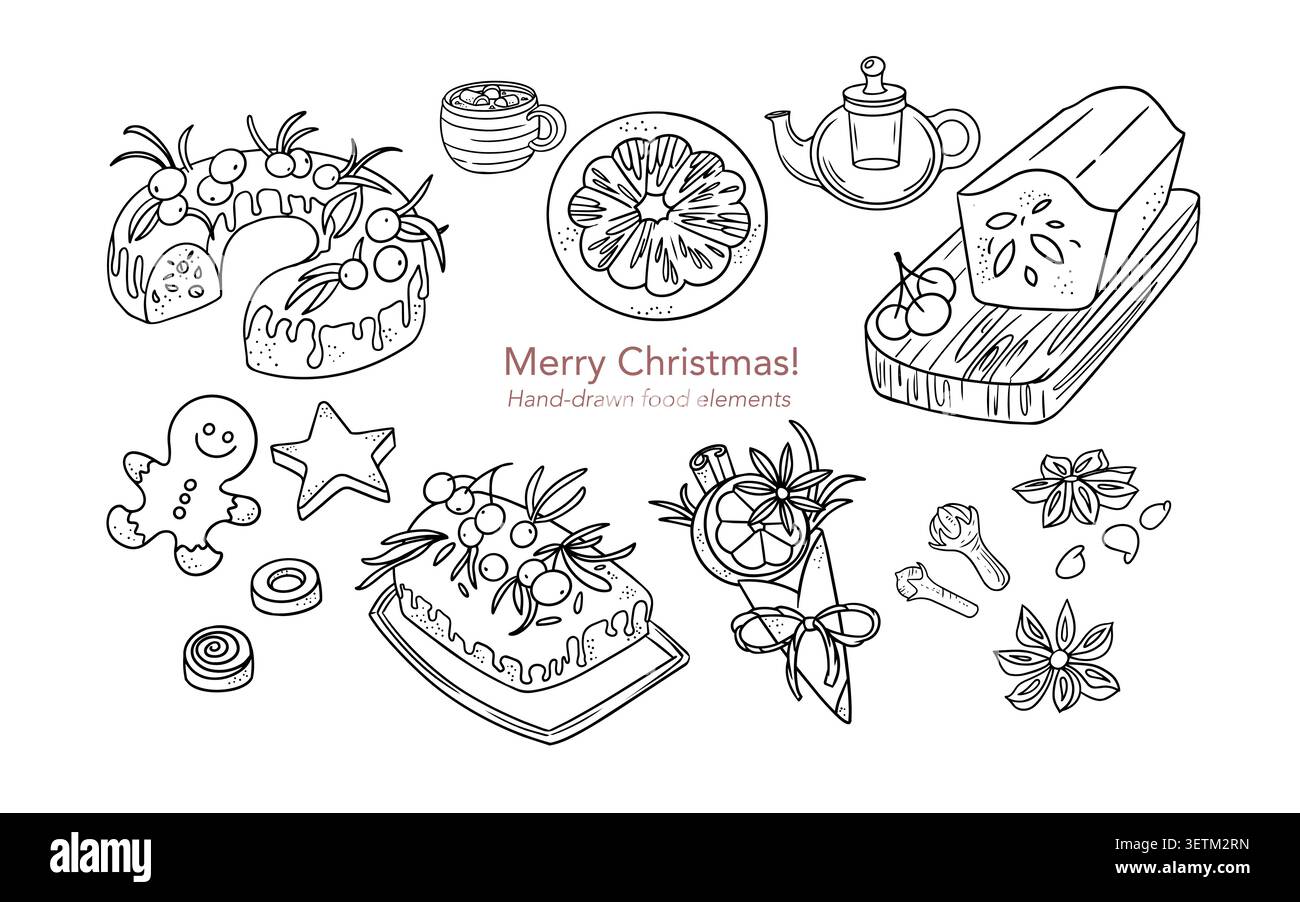 Hand gezeichnete weihnachtsnahrungselemente Set Vektor Illustration schwarze Tinte Konturen. Sammlung von Winterferien-Backskizzen mit Bundt-Kuchenstollen Stock Vektor