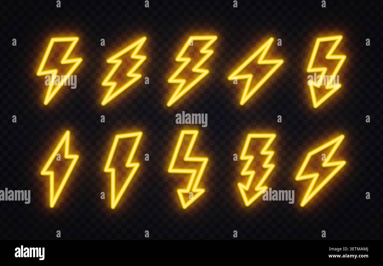 Set aus 10 Neongelb leuchtenden Blitzsymbolen in verschiedenen Formen und Größen auf dunklem transparentem Hintergrund. Elektrische Donner-Symbole für das Spiel Stock Vektor