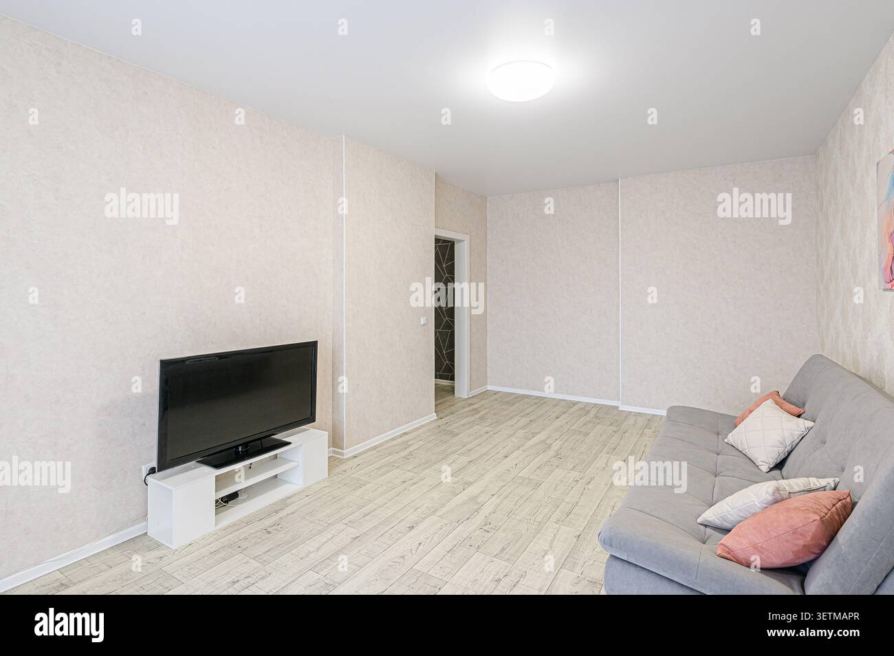 Gemütliches Wohnzimmer mit hellen Wänden, grauem Sofa mit Kissen, Fernseher und weißem Standfuß Stockfoto