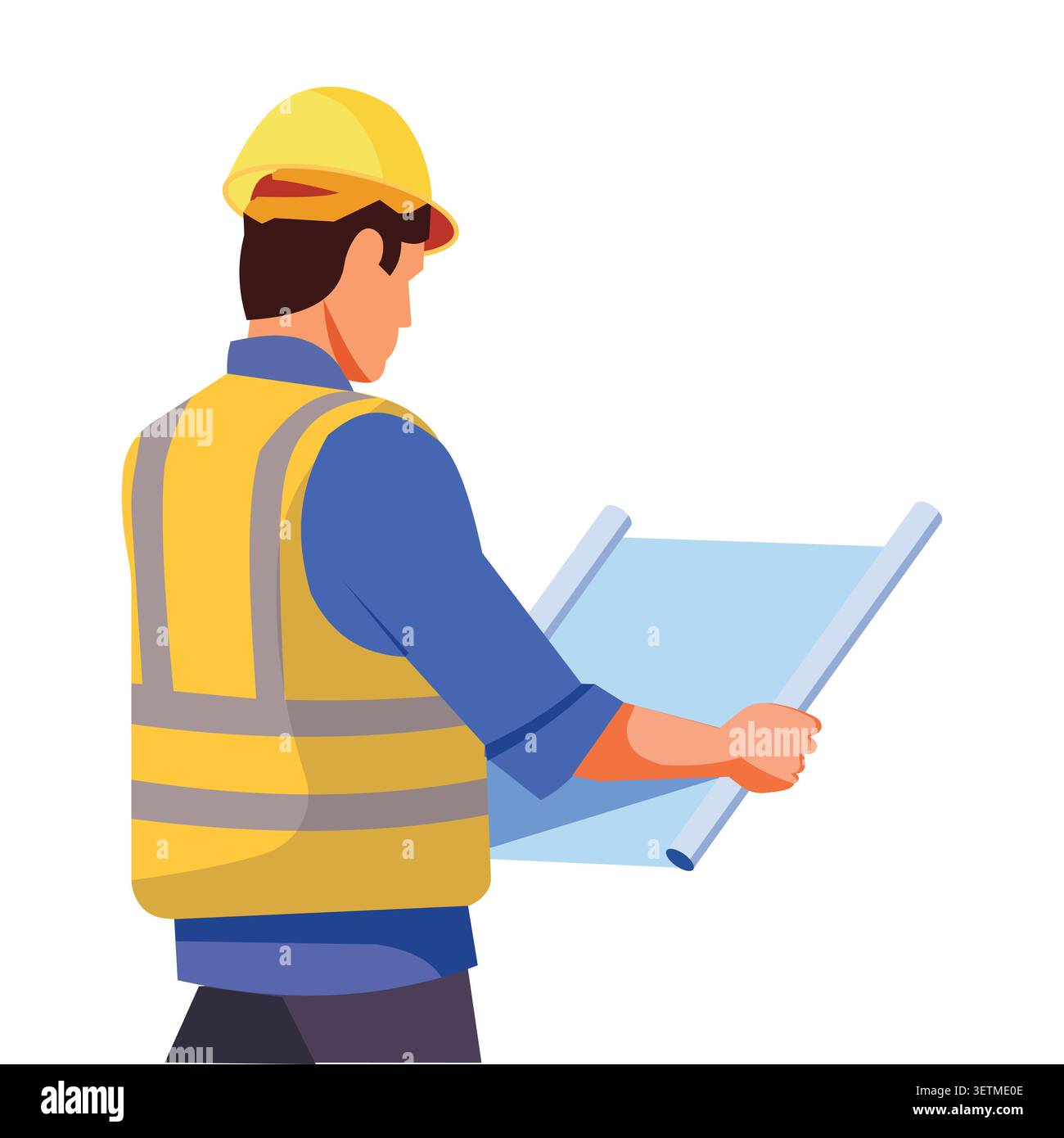 Flache Vektorgrafik eines Bauingenieurs, der die Pläne überprüft und die Projektplanung, das Standortmanagement, die Konstruktion und die Gebäudeentwicklung repräsentiert Stock Vektor