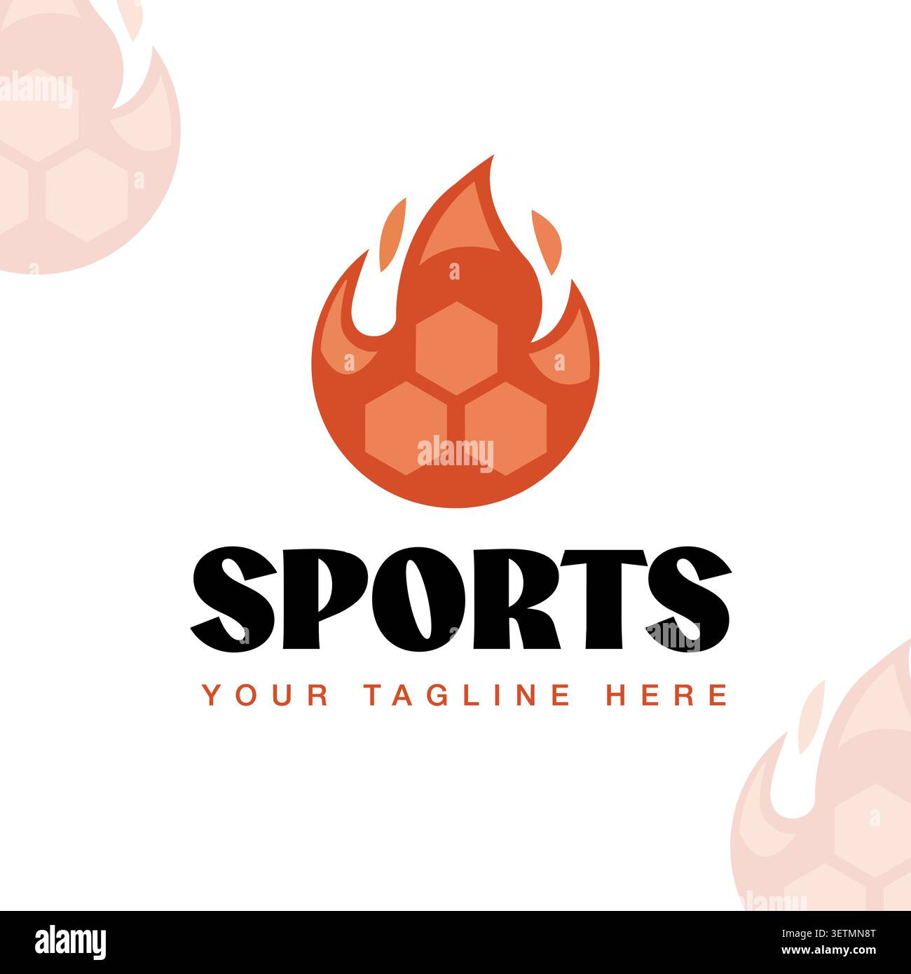 Fußball-Logo-Vorlage mit Flammenball-Symbol, geometrischem Sechseck-Design und modernem minimalistischem Stil für Sport-Branding. Stock Vektor