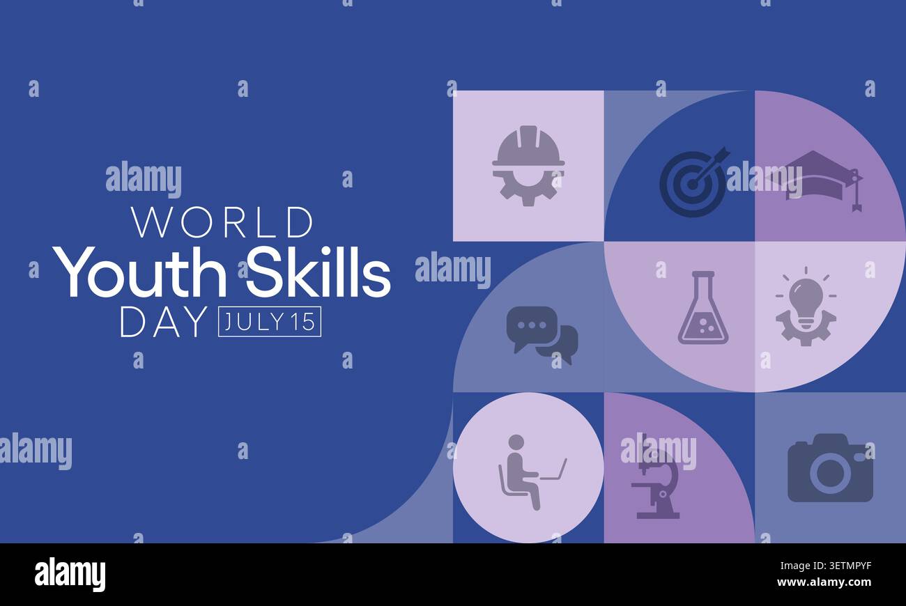 Der World Youth Skills Day (WYSD) findet jedes Jahr am 15. Juli statt und zielt darauf ab, die strategische Bedeutung der Ausstattung junger Menschen mit Fertigkeiten für zu erkennen Stock Vektor