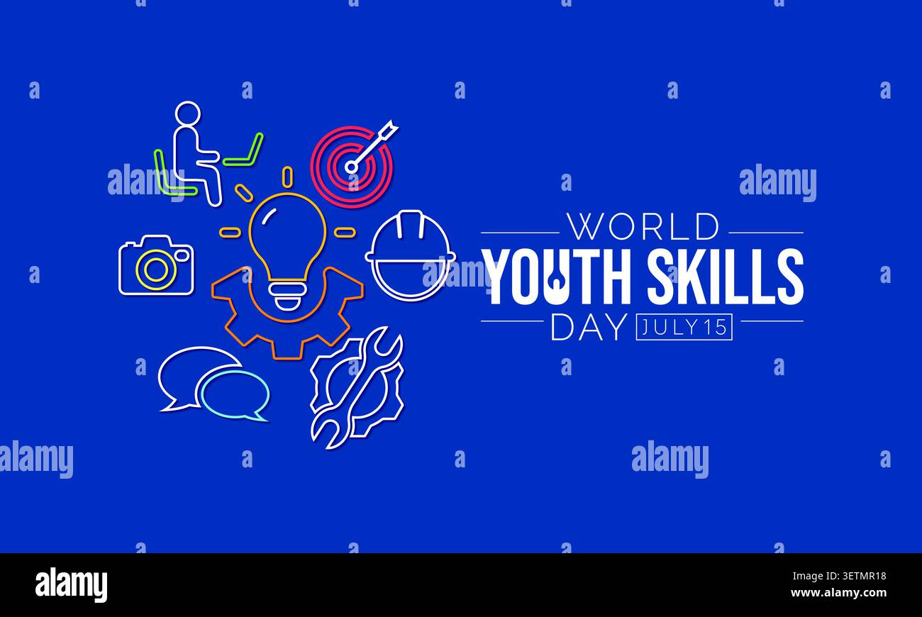 Der World Youth Skills Day (WYSD) findet jedes Jahr am 15. Juli statt und zielt darauf ab, die strategische Bedeutung der Ausstattung junger Menschen mit Fertigkeiten für zu erkennen Stock Vektor