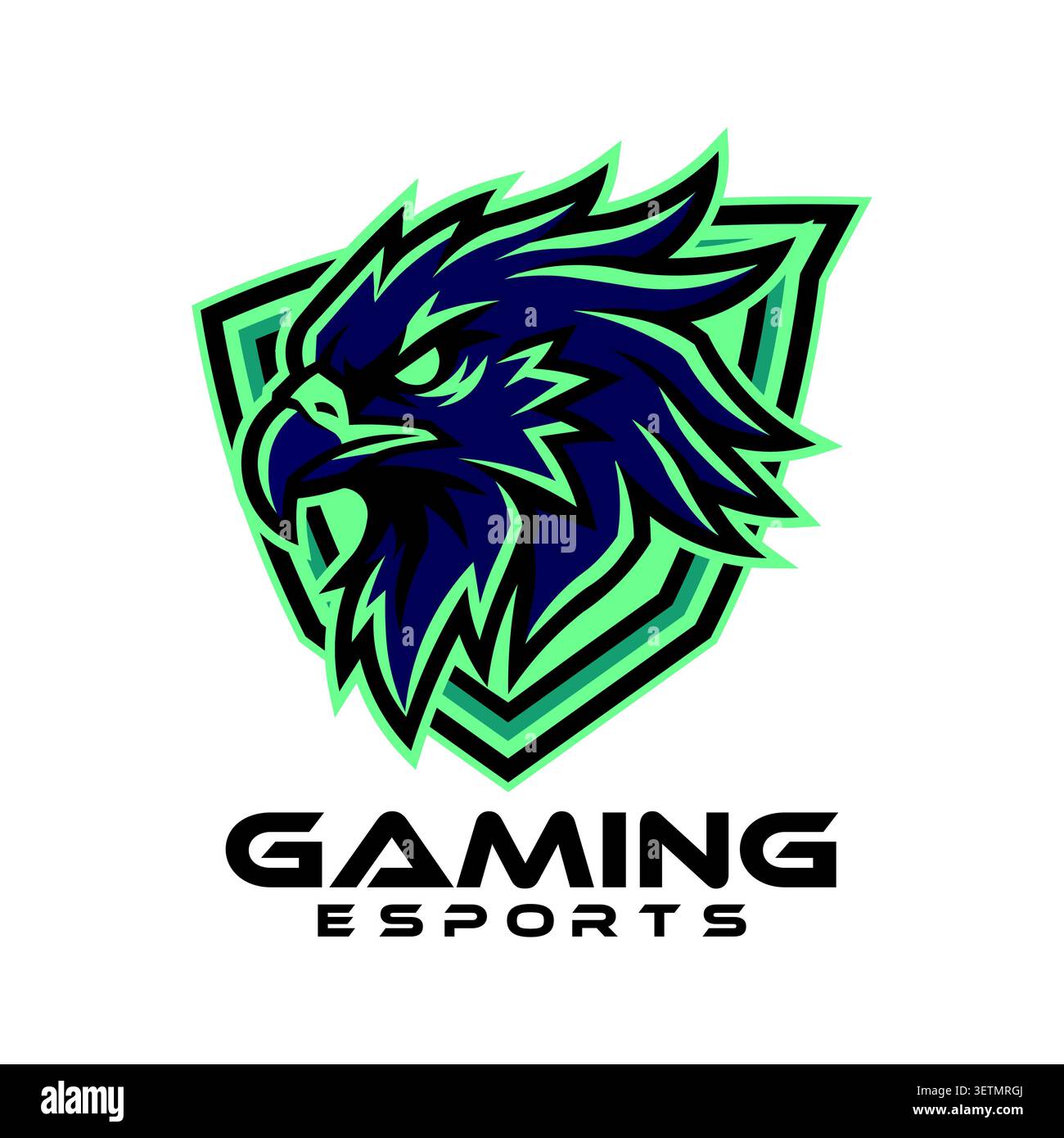 Premium-Eagle-Maskottchen-Gaming-Logo mit einem wilden Greifvogel, einem auffälligen Schild-Emblem und einer lebendigen, vom Cyber inspirierten Farbpalette. Entwickelt für E-Sport Stock Vektor